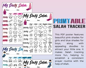 Salah Tracker Poster, Boys Salah Tracker, Girls Salah Tracker, Little Muslim, Muslim kid, PDF poster for Salah, Drawings to color