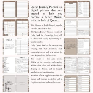 May include: A digital planner with a brown cover and the text "Quran Journey Planner" in white. The planner is designed to help Muslims become better Muslims with the help of the Quran. The planner includes a daily check list of worship, a daily Quran tracker, and a section for Tajweed and Tafseer notes.
