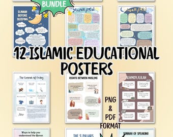 May include: A set of 12 Islamic educational posters in a colorful cartoon style. The posters cover topics such as the Sunnah of Friday, rights between Muslims, and the 5 pillars of Islam. The posters are available in PNG and PDF format and are for instant download.