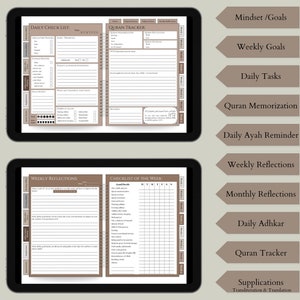 May include: A digital planner with a brown and beige color scheme. The planner includes sections for daily tasks, weekly reflections, Quran memorization, and more. The planner is designed to help users stay organized and on track with their goals.