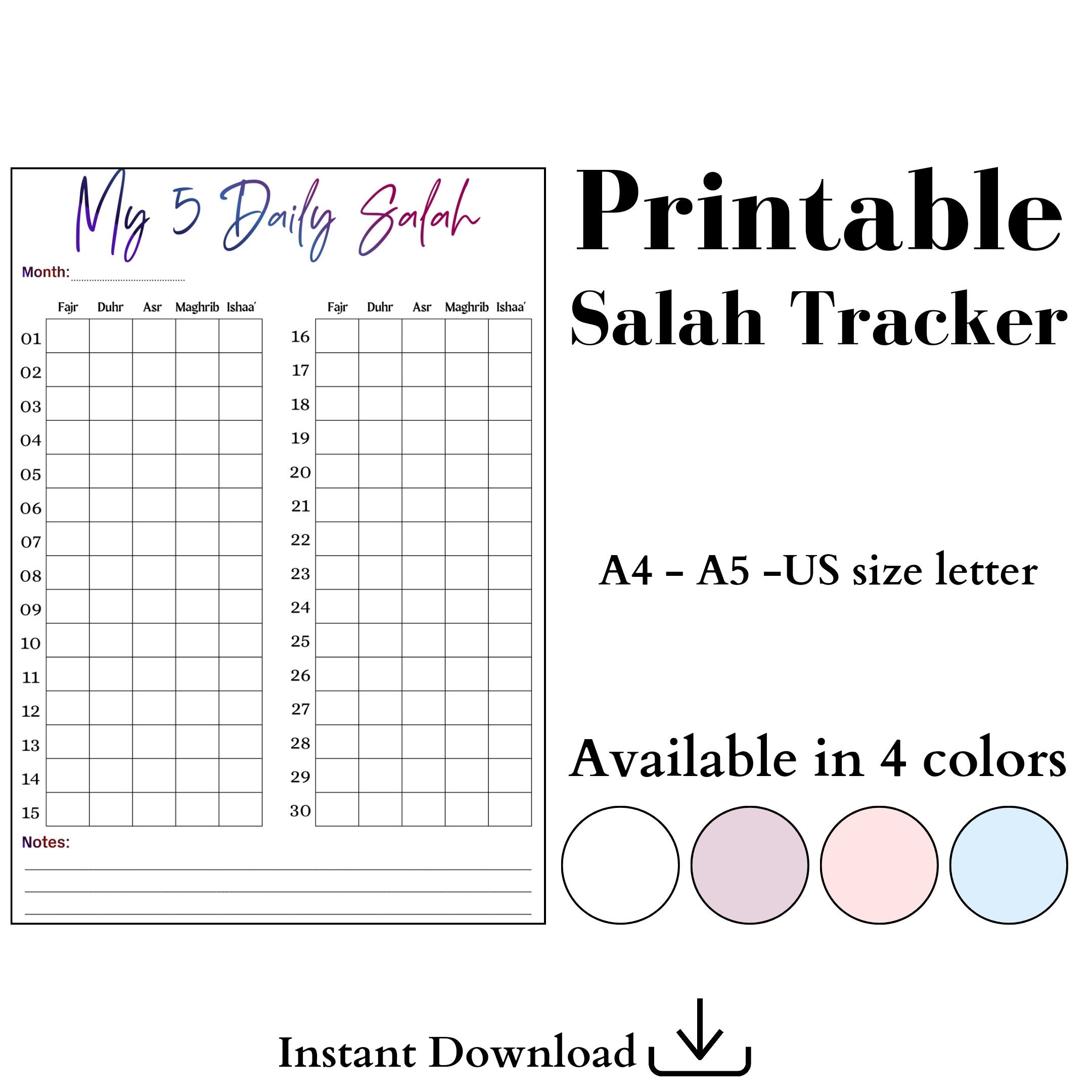 salah tracker | monthly salah tracker | prayer tracker | printable