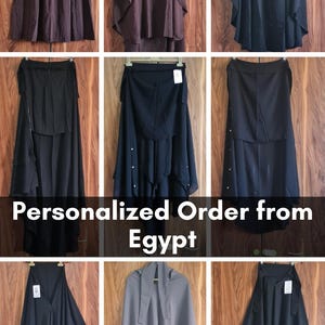 May include: A collection of nine different styles of long skirts in black, brown, and gray. The skirts are made of a lightweight fabric and have a flowing silhouette.  Personalized Order from Egypt.