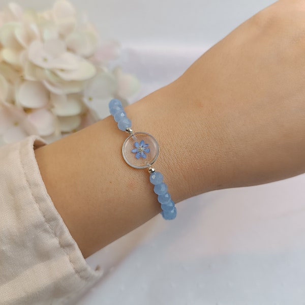 Vergissmeinnicht Armband, Perlenarmband, Andenken,  Erinnerung, Trostgeschenk, Liebesbeweis, getrocknete Blumen, Blumenarmband