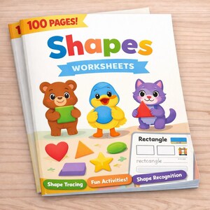 Könnte beinhalten: Ein Arbeitsbuch mit dem Titel "Shapes Worksheets" mit Illustrationen von Tieren und Formen. Auf dem Cover stehen die Wörter "Shape Tracing", "Fun Activities!" und "Shape Recognition". Das Buch hat 100 Seiten.