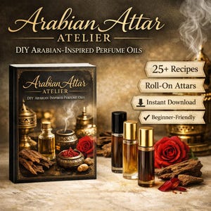 May include: An advertisement for Arabian Attar Atelier, featuring a book and perfume oils. The book cover reads "Arabian Attar Atelier, DIY Arabian-Inspired Perfume Oils." The image includes perfume bottles, roses, and text that says "25+ Recipes, Roll-On Attars, Instant Download, Beginner-Friendly."