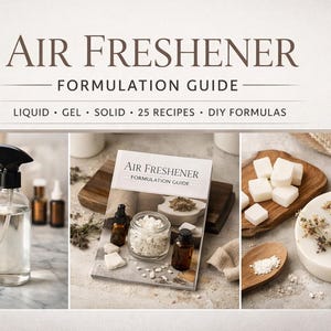 Könnte beinhalten: Ein Bild, das die Formulierung von Lufterfrischern zeigt. Der Titel "Air Freshener Formulation Guide" wird angezeigt. Das Bild enthält eine Sprühflasche, Flaschen mit ätherischen Ölen, ein Buch und Zutaten zur Herstellung von Lufterfrischern. Der Leitfaden behandelt flüssige, Gel- und feste Formeln.