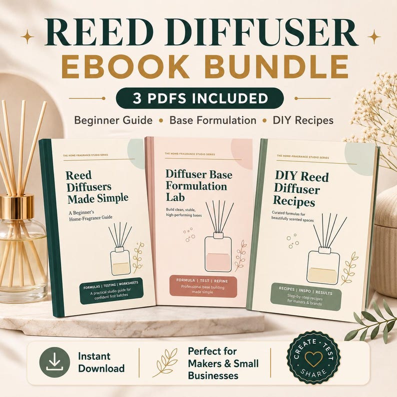 May include: A digital ebook bundle featuring three PDF guides titled Reed Diffusers Made Simple, Diffuser Base Formulation Lab, and DIY Reed Diffuser Recipes. The covers are cream, pink, and white with dark green text and line art illustrations.