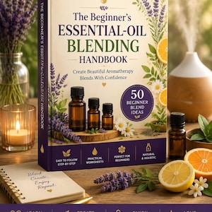 May include: A hardcover book titled The Beginner's Essential-Oil Blending Handbook with a cream cover featuring lavender, citrus slices, and three amber glass bottles. The cover includes text about 50 blend ideas and step-by-step instructions.
