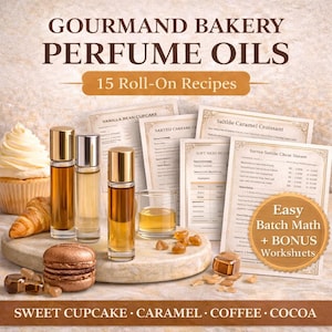 Puede incluir: Imagen que muestra aceites de perfume con el texto "GOURMAND BAKERY PERFUME OILS" y "15 Roll-On Recipes". La imagen incluye botellas roll-on, tarjetas de recetas y productos horneados como una magdalena y un cruasán. El texto inferior dice "SWEET CUPCAKE • CARAMEL • COFFEE • COCOA."
