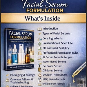 May include: A book titled "Facial Serum Formulation" with a dark blue cover. The cover features images of serum bottles. The image also includes a list of topics such as "Core Ingredients" and "12 Serum Formula Recipes".