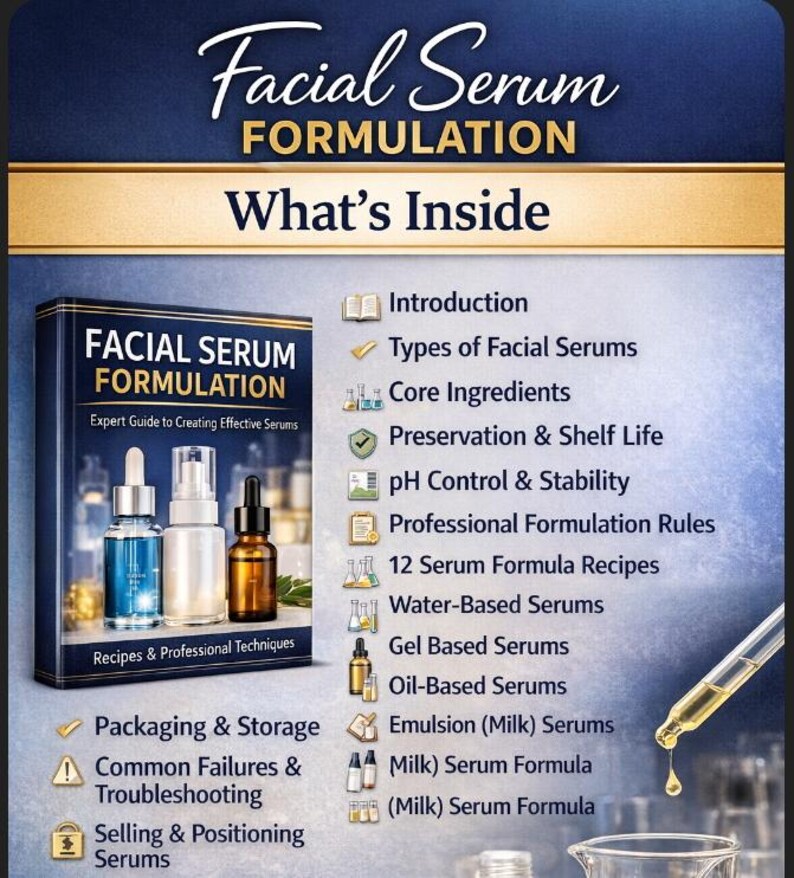 May include: A book titled "Facial Serum Formulation" with a dark blue cover. The cover features images of serum bottles. The image also includes a list of topics such as "Core Ingredients" and "12 Serum Formula Recipes".