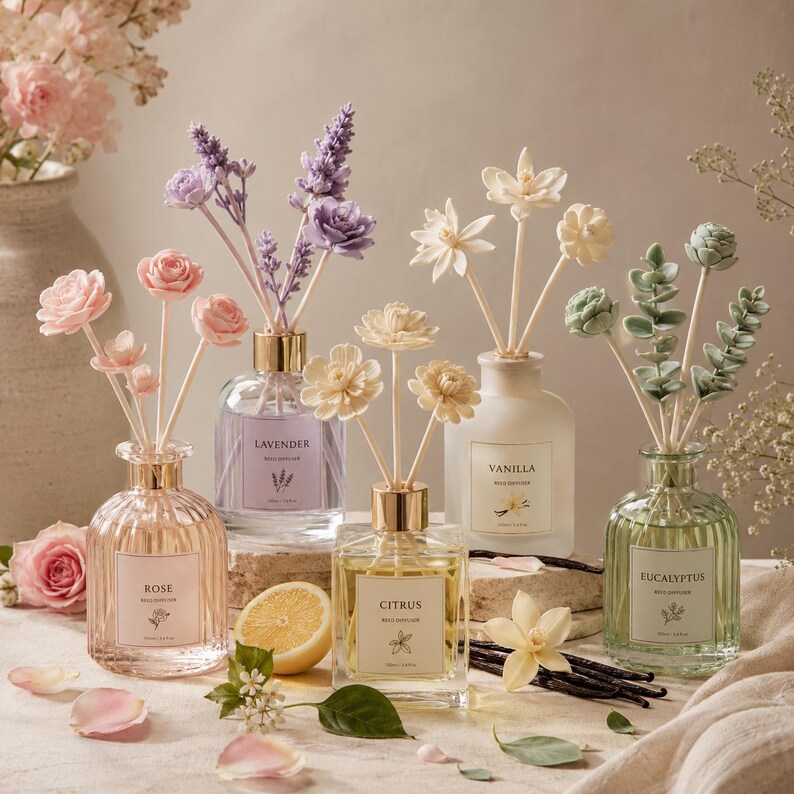 May include: Five glass reed diffusers with floral-shaped reeds. The bottles are labeled Rose, Lavender, Citrus, Vanilla, and Eucalyptus. Each bottle contains scented oil and is topped with decorative flower or leaf-shaped reed sticks.