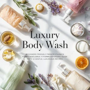 May include: An overhead shot of luxury body wash bottles, surrounded by ingredients like honey, orange slices, and flowers. The text "Luxury Body Wash" is prominently displayed, along with additional text about recipes and formulation.