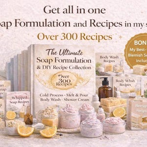 Puede incluir: Imagen de una colección de libros de recetas para hacer jabón e ingredientes. El libro central se titula "The Ultimate Soap Formulation & DIY Recipe Collection" con "Over 300 Recipes". Otros libros incluyen "African Black Soap Recipes" y "Citrus Soap Recipes". Hay tarros de jabón y rodajas de limón.