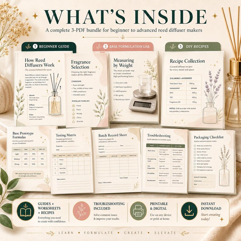 May include: A 3-PDF digital bundle for reed diffuser makers featuring a beginner guide, base formulation lab, and recipe collection. Includes worksheets for testing, batch records, troubleshooting, and packaging checklists with botanical illustrations.