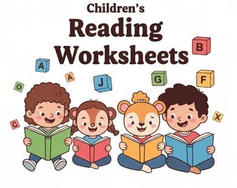 Puede incluir: Ilustración de cuatro niños leyendo libros, cada uno con una apariencia diferente de animal. La imagen incluye el texto "Children's Reading Worksheets" y bloques de alfabeto.