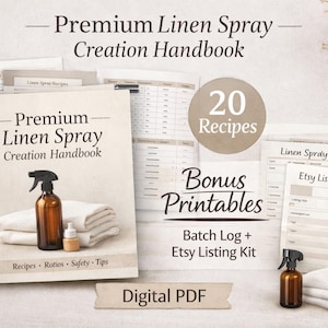 May include: A handbook titled "Premium Linen Spray Creation Handbook" with a brown spray bottle, small bottle, and folded white towels. The image includes the text "20 Recipes" and "Bonus Printables". The words "Digital PDF" are also visible.
