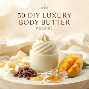 Puede incluir: Imagen promocional para un libro titulado "50 DIY Luxury Body Butter Recipes". La imagen presenta un tarro de manteca corporal batida, granos de cacao y un mango, lo que sugiere recetas de cuidado de la piel natural.