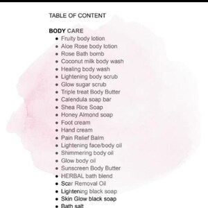 May include: A list of body care products, including lotions, scrubs, soaps, and oils. The list is titled "Body Care" and is part of a larger table of contents.