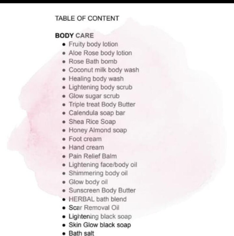May include: A list of body care products, including lotions, scrubs, soaps, and oils. The list is titled "Body Care" and is part of a larger table of contents.