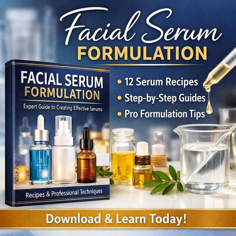May include: A book titled "Facial Serum Formulation" with text and images of serum bottles and laboratory equipment. The image also includes the text "12 Serum Recipes", "Step-by-Step Guides", and "Pro Formulation Tips". The bottom of the image says "Download & Learn Today!"