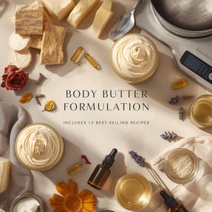 May include: An overhead shot featuring ingredients for body butter formulation. The image includes jars of cream, essential oils, cheese, flowers, and the text "BODY BUTTER FORMULATION" and "INCLUDES 12 BEST-SELLING RECIPES".