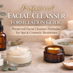 Puede incluir: Imagen con productos para el cuidado de la piel y velas. El texto dice "Professional Facial Cleanser Formulation Guide". Los productos incluyen un frasco con cuentagotas, tarros de crema, un cuenco con pasta verde y una cuchara de madera. Un ambiente de spa.