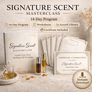 May include: A collection of items related to a "Signature Scent Masterclass", including a book, worksheets, and perfume oil bottles. The image also shows a certificate of completion. The text "Create Your Own Perfume Oil Formula" is visible. The color scheme is neutral with gold.
