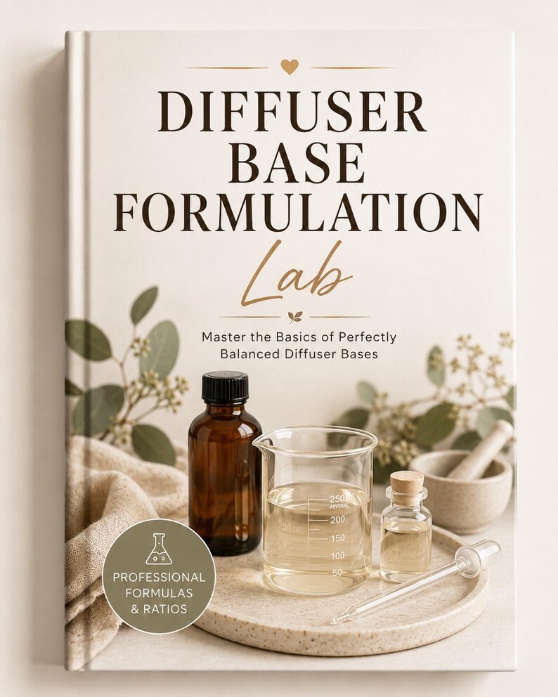 May include: A hardcover book titled Diffuser Base Formulation Lab with the subtitle Master the Basics of Perfectly Balanced Diffuser Bases. The cover features a brown glass bottle, a glass beaker, a small vial, and a mortar and pestle.