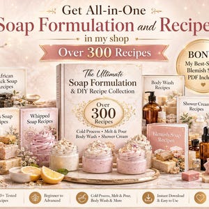 Puede incluir: Una colección de libros titulada The Ultimate Soap Formulation & DIY Recipe Collection, que incluye más de 300 recetas para proceso en frío, melt and pour, gel de baño y crema de ducha, junto con tarros de jabón y un archivo PDF adicional.