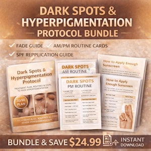 May include: A skincare protocol bundle titled "Dark Spots & Hyperpigmentation." The bundle includes guides on treatment plans, AM/PM routines, and sunscreen application. The cover features text and images related to skin treatment.