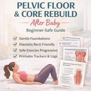 Peut inclure: Ebook PDF numérique intitulé "Pelvic Floor & Core Rebuild After Baby". La couverture présente une femme faisant de l'exercice, avec des documents et le texte : "Gentle Foundations", "Diastasis Recti Friendly", et "Regain Strength & Confidence!"