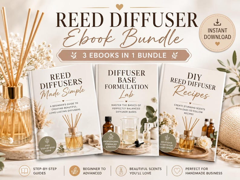 May include: A digital ebook bundle featuring three guides titled Reed Diffusers Made Simple, Diffuser Base Formulation Lab, and DIY Reed Diffuser Recipes. The covers display images of glass diffuser bottles with reeds, laboratory glassware, and floral accents in a neutral color palette.