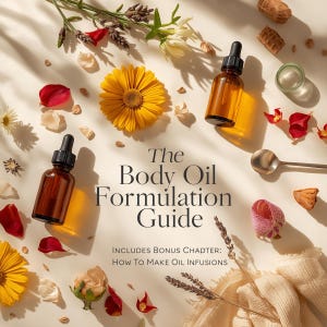 May include: A flat lay featuring two amber glass dropper bottles, a yellow flower, red petals, and the text "The Body Oil Formulation Guide." The image includes bonus chapters on how to make oil infusions.