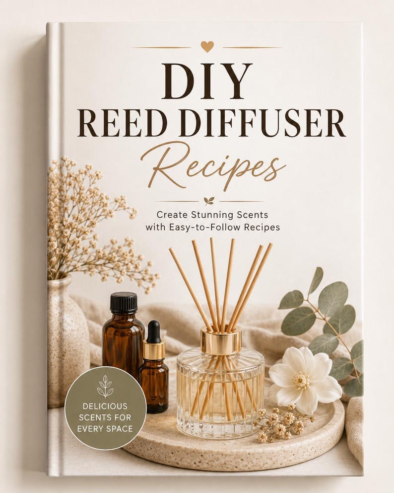 May include: A book titled DIY REED DIFFUSER Recipes with the subtitle Create Stunning Scents with Easy-to-Follow Recipes. The cover features a glass reed diffuser, amber bottles, dried flowers, and a circular badge stating DELICIOUS SCENTS FOR EVERY SPACE.