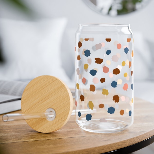 Colorful Splatter 16oz Iced Coffee Cup - Eco-Friendly Libbey Glass Tumbler with Lid & Straw, Painting Dots Pattern for Beverages