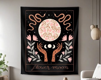 Floral Moon Tapestry - Mystical Astrology & Celestial Moonrise Wall Hanging with Botanical Illustration