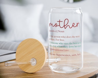 Iced Coffee Cup for Mom - 16oz Glass Beer Can Tumbler with Lid & Straw, Mother Definition, Perfect Mother's Day Gift