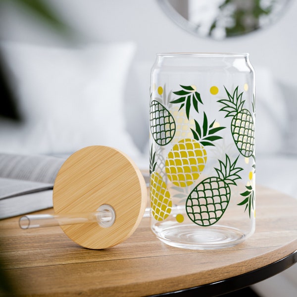 Pineapple Iced Coffee Cup - Fruit Pattern Glass Tumbler, 16oz Beer Can Glass for Cold Beverages, Summer Vibe Glassware