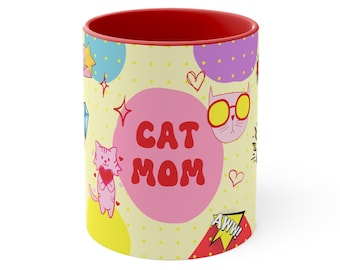 Cat Mom Mug - Colorful Pop Art, Retro Comic Style Coffee Cup, Unique Gift for Cat Lovers, Mother's Day Present