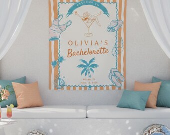 Custom Beach Bachelorette Banner - Personalized Bach Party Tapestry, Photo Backdrop for Bachelorette Weekend, Coastal Bridal Party Decor
