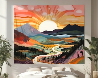 Sunset Mountain Landscape Tapestry: Colorful Nature Wall Art