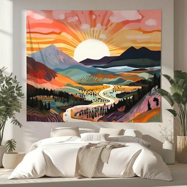 Tapisserie paysage - Tenture murale nature colorée, décoration artistique coucher de soleil, art mural bohème alpinisme, salon de chambre à coucher