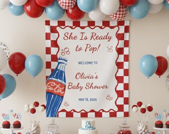 Custom Ready to Pop Baby Shower Banner, Retro Baby Shower Backdrop,  Red Shower Party Decoration, Welcome Sign for Mom to Be