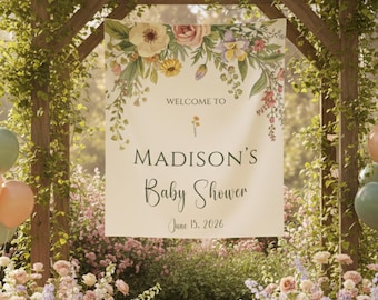 Floral Baby Shower Welcome Banner - Baby in Bloom Sign, Spring Baby Shower Tapestry, Garden Party Backdrop, Custom Baby Shower Decor