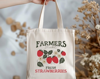 Farmers Market Tote - Floral Strawberry Design, Cute & Aesthetic Canvas Grocery Bag, Eco-Friendly Reusable Shopping Bag for Women