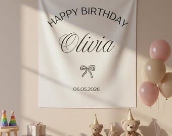 Kids Birthday Fabric Banner, Custom First Birthday Decor for Baby Girl, Minimal Birthday Party Photo Backdrop, 1st Birthday Baby Name Flag