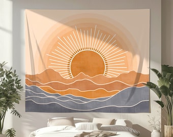 Boho Sunset Wall Tapestry Bohemian Aesthetic Wall Art Sun Landscape Wall Hanging Neutral Abstract Boho Home Decor Rustic Living Room Bedroom