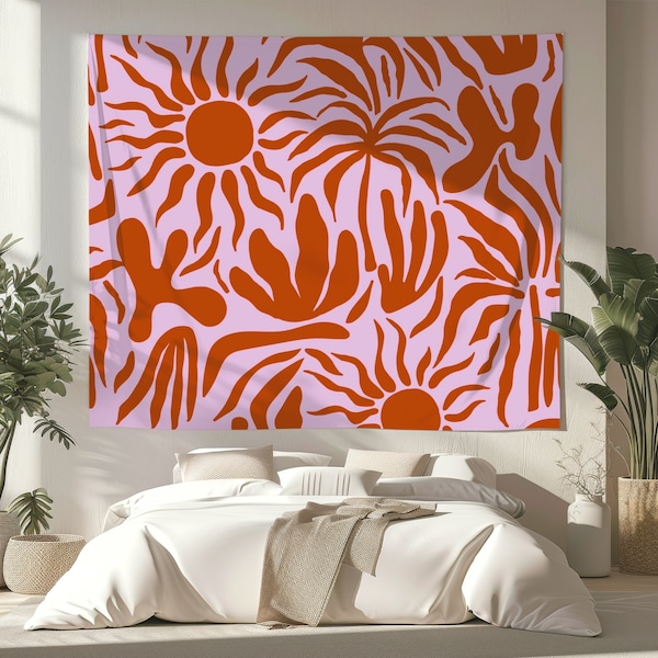 Abstract Boho Sun Wall Tapestry - Tropical Summer Vibe Hanging, Matisse Inspired Shapes, Home Decor for Living Room Bedroom, Palm Trees Leaf