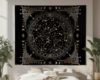 Golden Zodiac Tapestry: Celestial Moon Phases, Mystic Home Decor